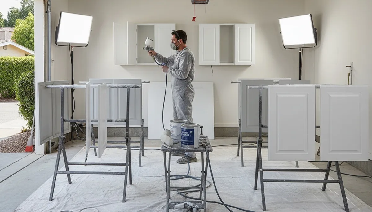 Professional cabinet painting in San Jose, CA using spray techniques for smooth, durable kitchen finishes