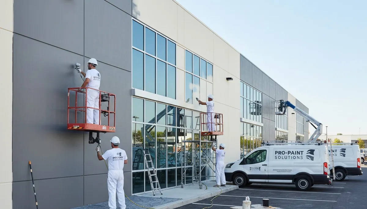 Professional commercial painters working on office exterior in San Jose, CA