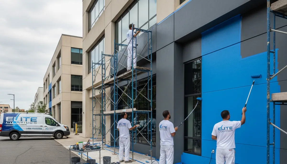 Professional commercial painters finishing office exterior in San Jose, CA