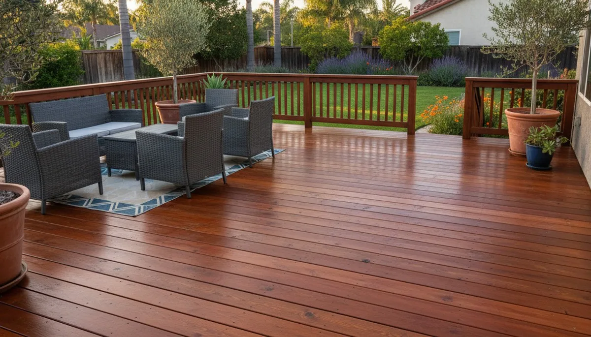 Finished deck staining in San Jose, CA showcasing restored wood beauty and weather-protected outdoor finish