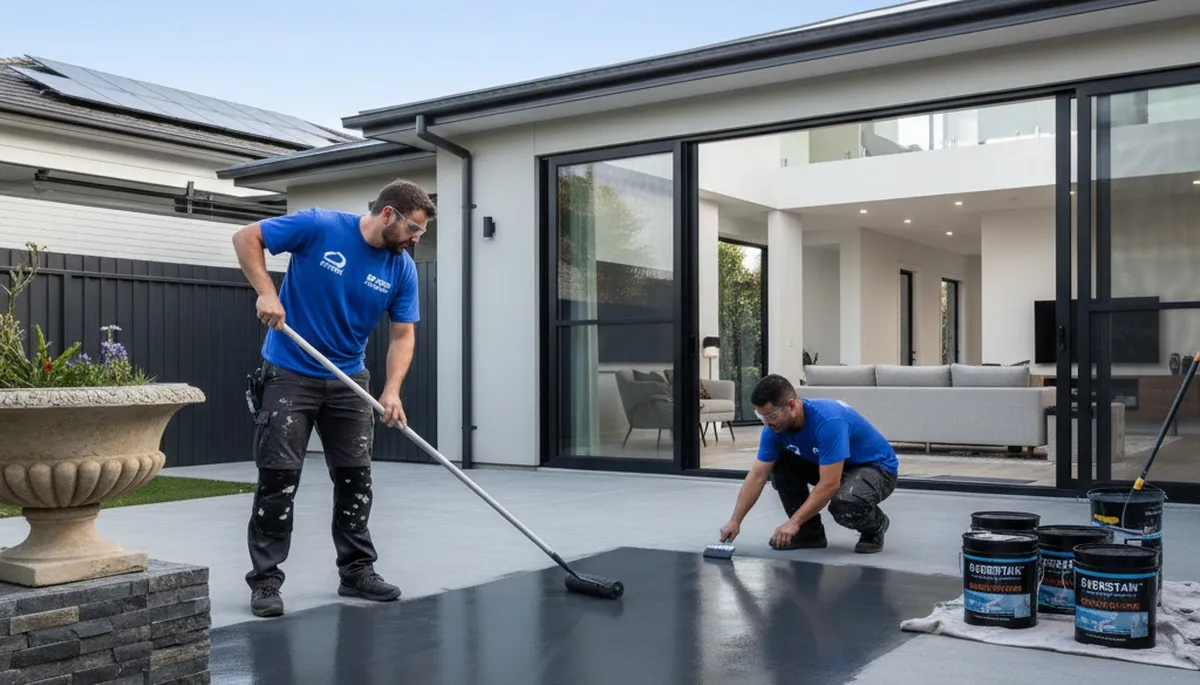 Technician applying concrete stain on garage floor in San Jose, CA for durable home finish