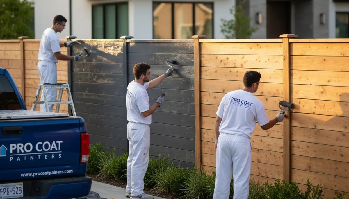 Professional fence painting in San Jose, CA showcasing durable wood finish and expert painters at work