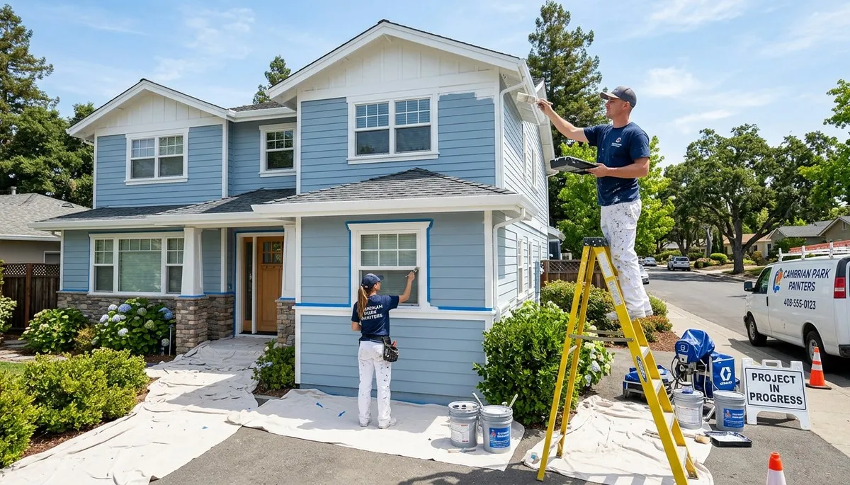 Professional house painters working on exterior home repaint in San Jose, CA