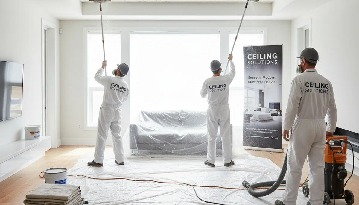 Technician removing popcorn ceiling in San Jose CA home for smooth modern painting finish