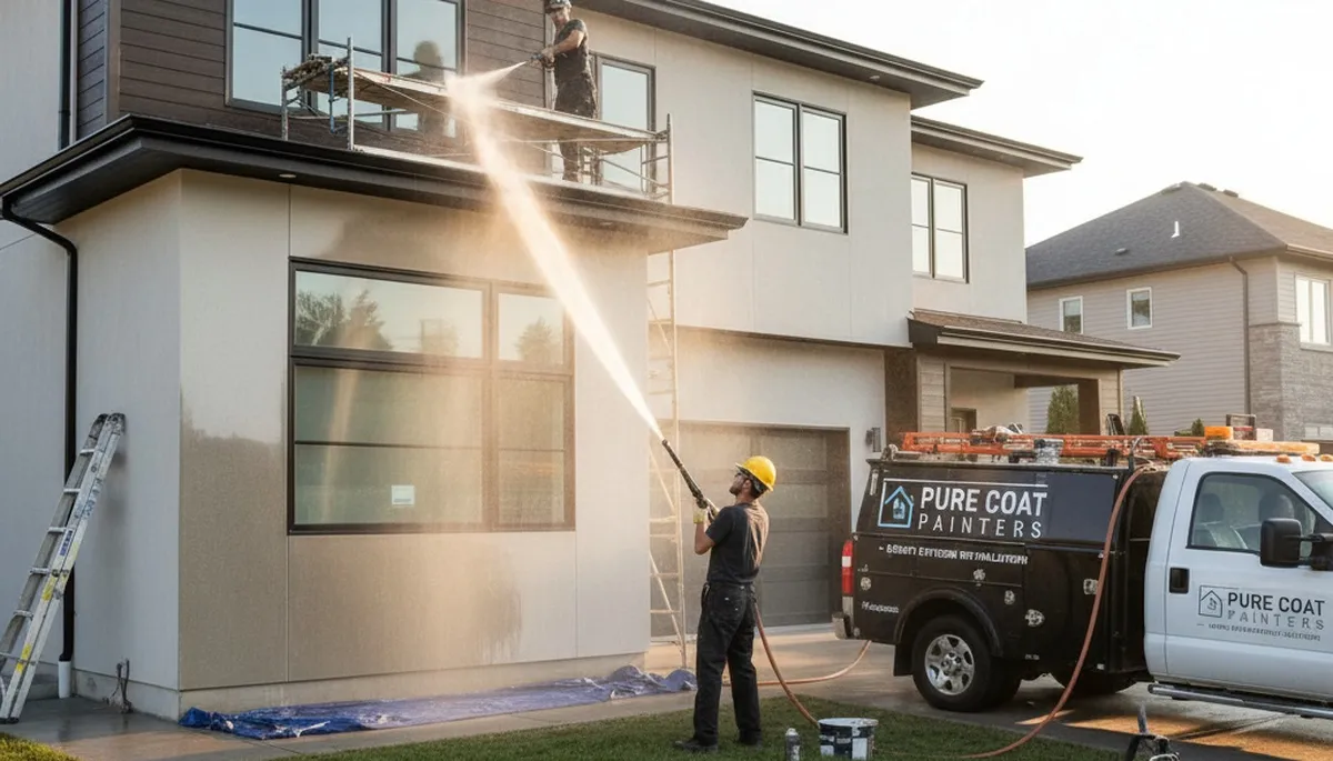 Professional pressure cleaning on stucco home exterior in San Jose, CA by expert house painters
