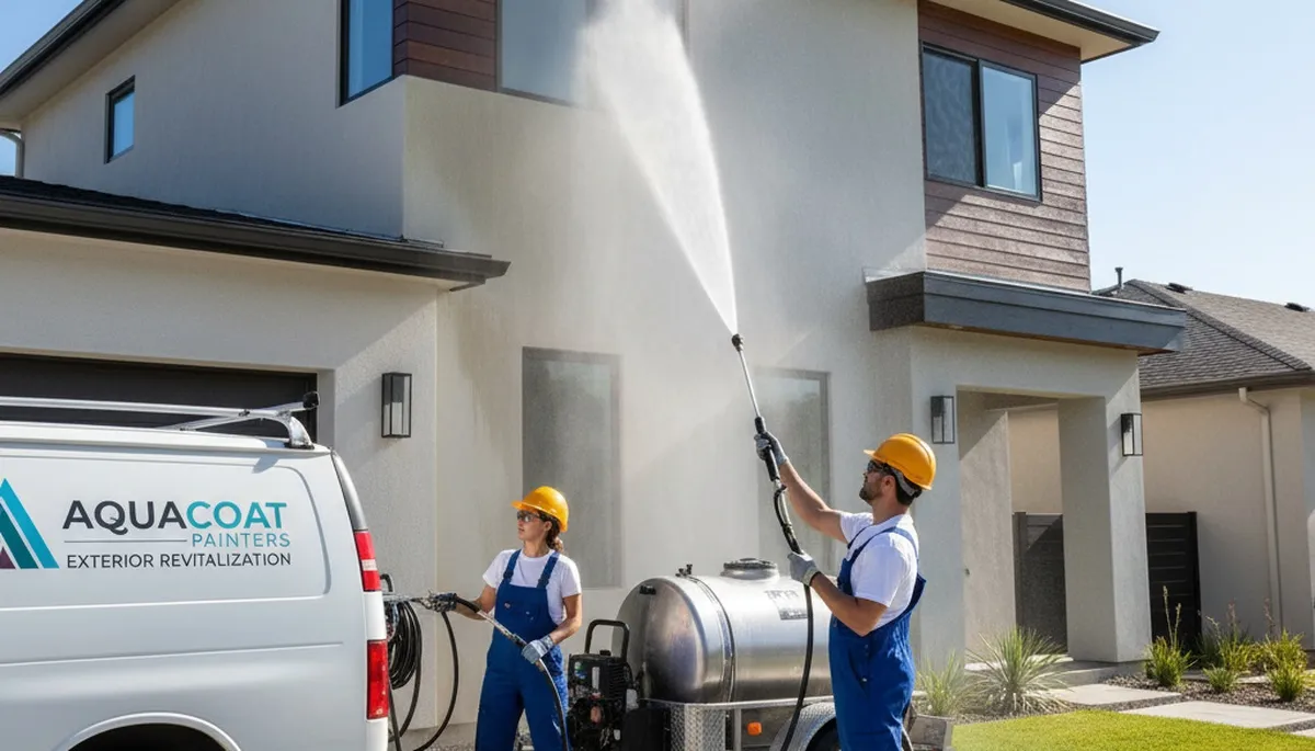 Professional pressure cleaning of stucco home exterior in San Jose, CA by expert painters