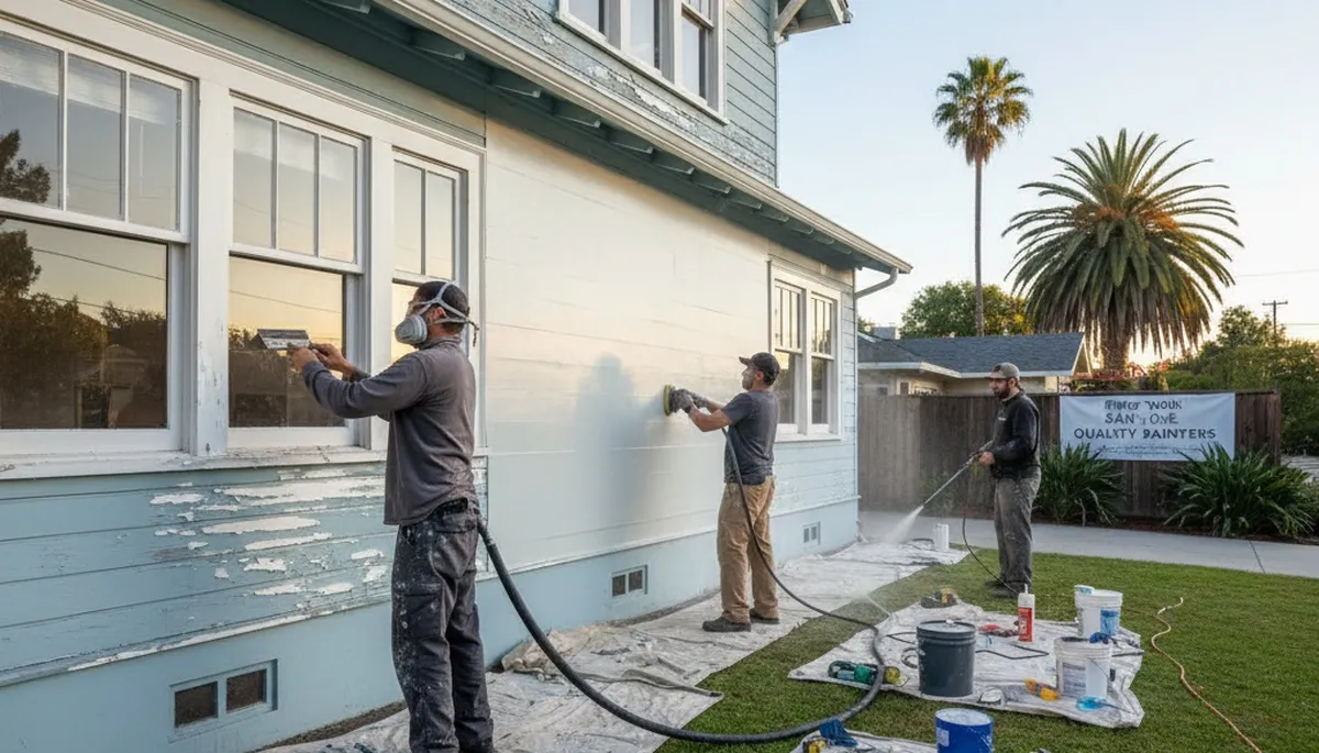 Painter sanding exterior wall for new coating during surface preparation in San Jose, CA home repainting