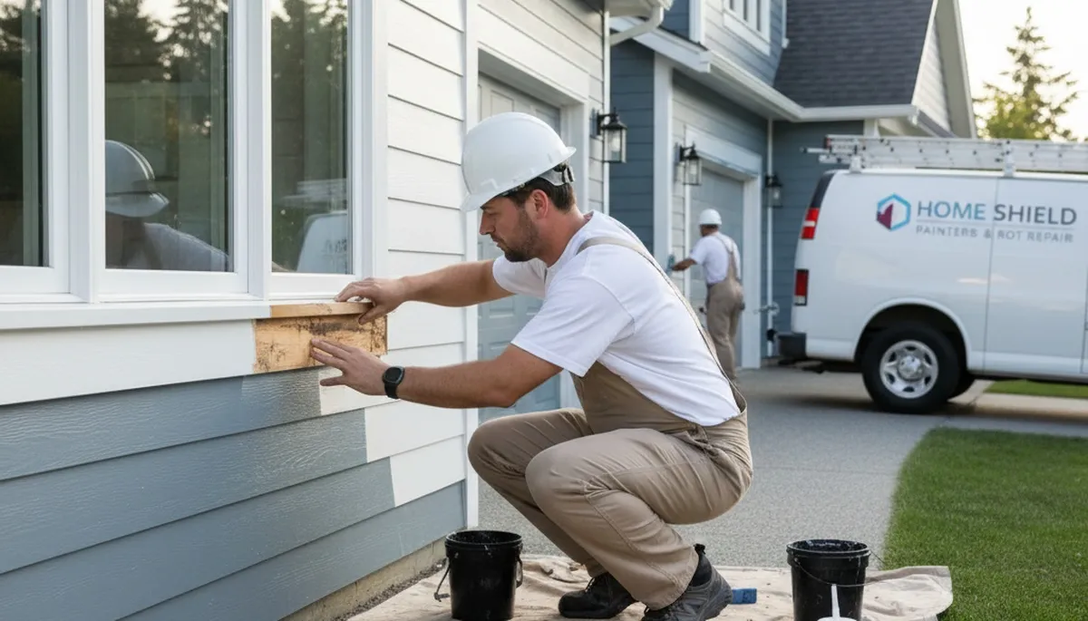 Contractor performing wood rot repair on home exterior in San Jose, CA for expert wood restoration