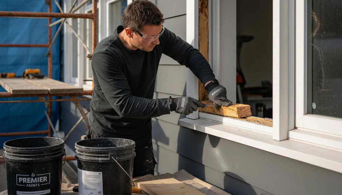 Professional wood rot repair and repainting on home exterior in San Jose, CA